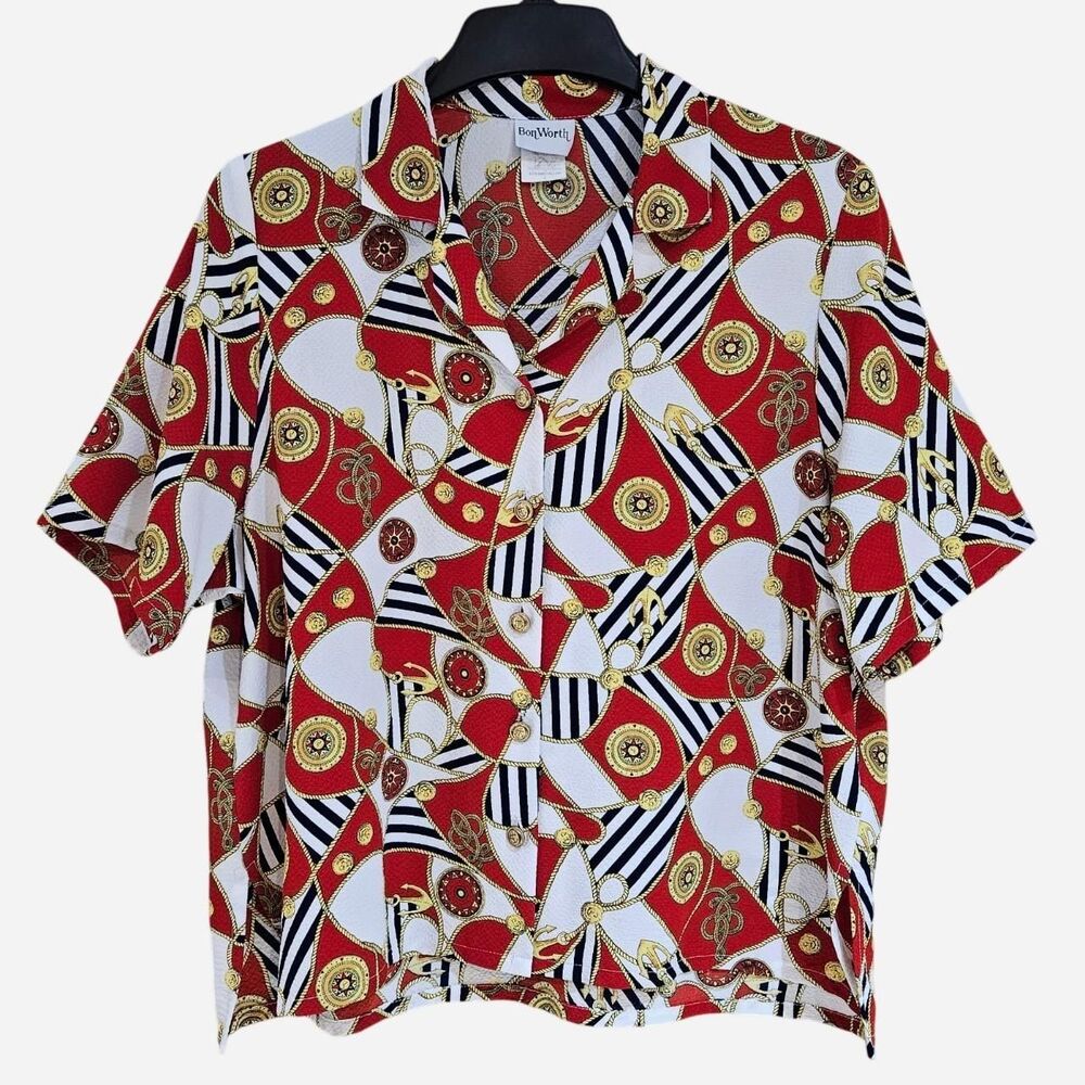 90s nautical coastal red gold button down shirt